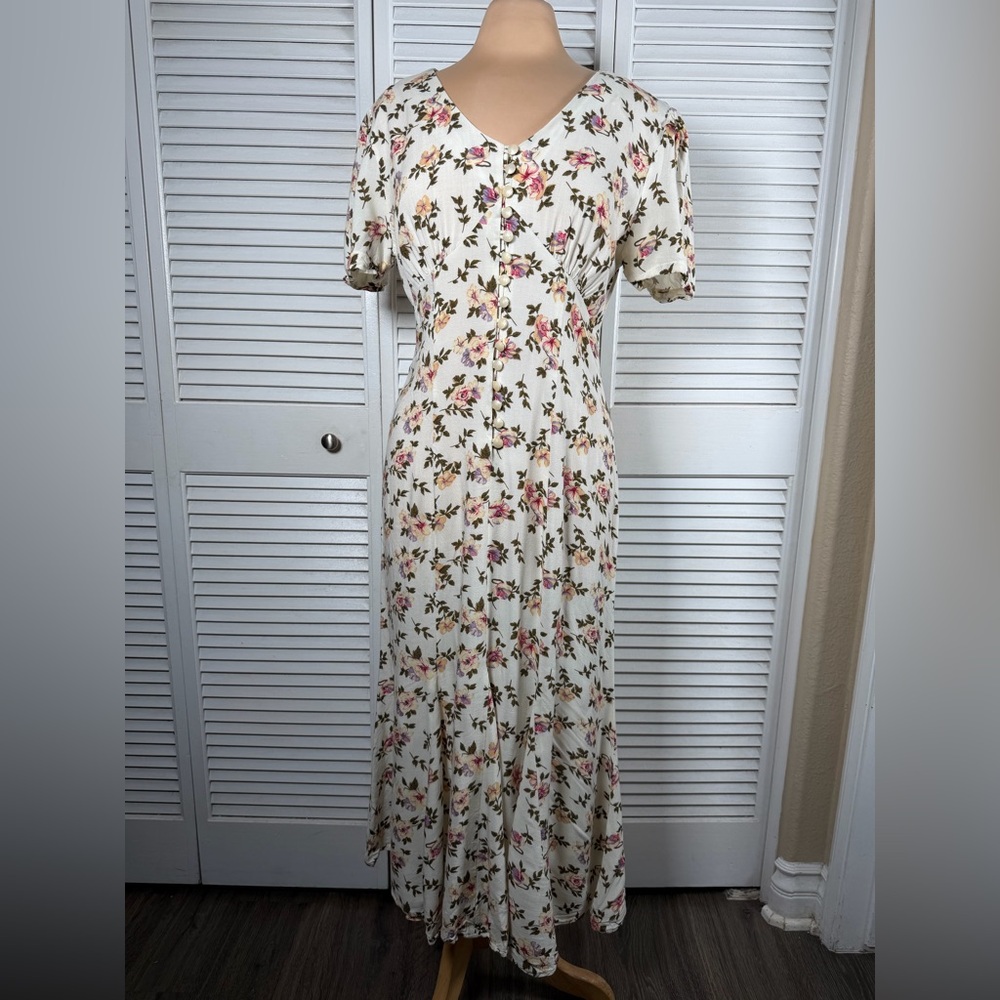 Marnie West Floral Rayon Midi Dress Vintage Cottagecore Button Front 11